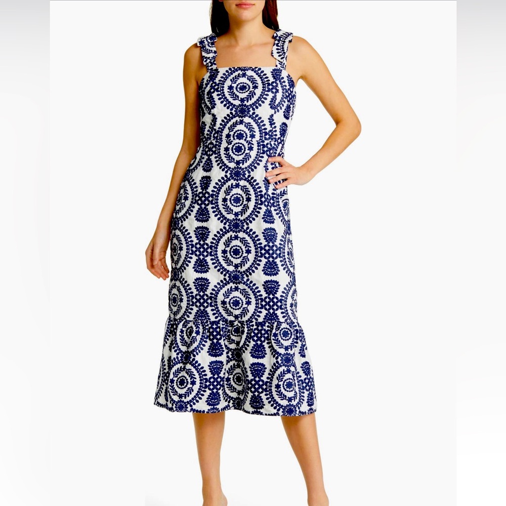 Adelyn Rae Blue and White Ruffled Trumpet Midi Dress